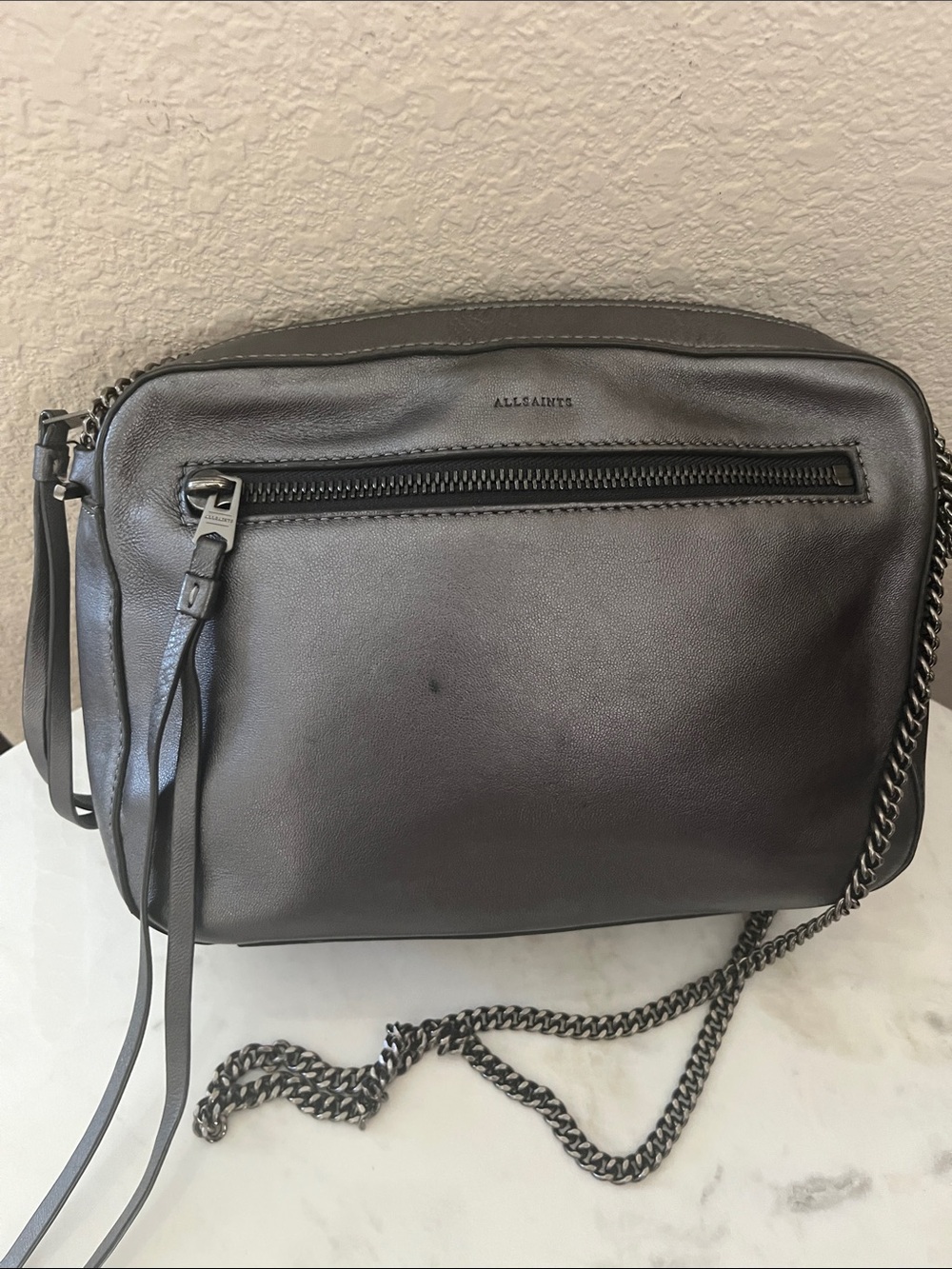 AllSaints Metallic Silver Leather Crossbody with Chain Strap